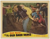 9y737 OLD BARN DANCE LC R1943 close up of Gene Autry throwing man over his shoulder in brawl!