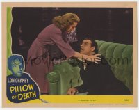 9y755 PILLOW OF DEATH LC 1945 close up of Brenda Joyce making Lon Chaney Jr. rest on the couch!