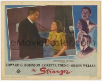 9y855 STRANGER LC 1946 close up of ex-Nazi Orson Welles grabbing scared Loretta Young!