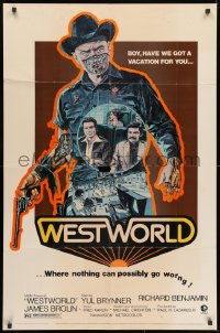 1b967 WESTWORLD 1sh 1973 Crichton, Adams, nothing can possibly go worng, no shadow tagline design!