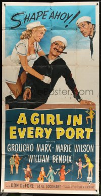 2x469 GIRL IN EVERY PORT 3sh 1952 art of wacky Navy sailor Groucho Marx & sexy Marie Wilson!