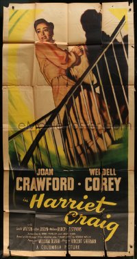 2x476 HARRIET CRAIG 3sh 1950 full-length art of scared Joan Crawford by shadow on stairs!