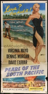 2x566 PEARL OF THE SOUTH PACIFIC 3sh 1955 art of sexy Virginia Mayo in sarong & Dennis Morgan!