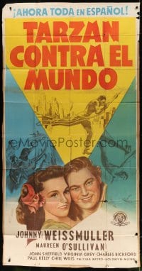 2x619 TARZAN'S NEW YORK ADVENTURE Spanish/US 3sh 1942 stone litho of Weissmuller & O'Sullivan!