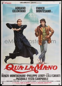 2x786 GIVE ME FIVE Italian 1p 1980 Qua La Mano, art of wacky dancing priest by Renato Casaro!