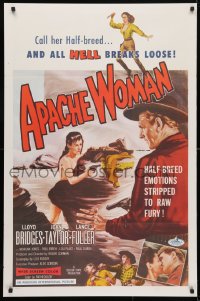 4z522 APACHE WOMAN 1sh 1955 art of naked cowgirl in water pointing gun at Lloyd Bridges!