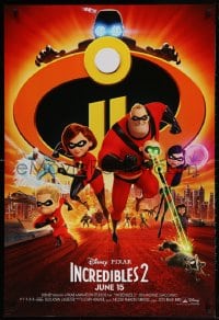 4z725 INCREDIBLES 2 advance DS 1sh 2018 Disney/Pixar, Nelson, Hunter, wacky, montage of cast!