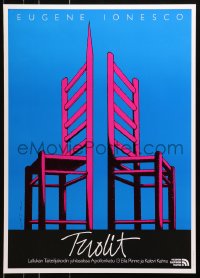 4z270 TUOLIT 20x28 Finnish stage poster 1980s Eugene Ionesco, art of two pink high chairs!