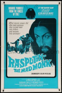 5g858 RASPUTIN THE MAD MONK int'l 1sh 1966 close up of crazed Christopher Lee, wacky beard offer!