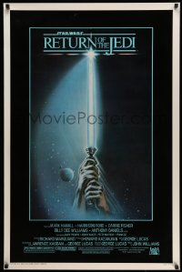 5g865 RETURN OF THE JEDI 1sh 1983 George Lucas, art of hands holding lightsaber by Tim Reamer!