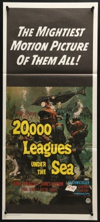 5k328 20,000 LEAGUES UNDER THE SEA Aust daybill R1970s art of Jules Verne's deep sea divers!