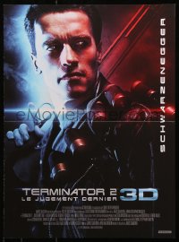 7w545 TERMINATOR 2 French 15x21 R2017 great super close image of cyborg Arnold Schwarzenegger!