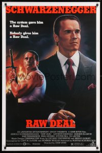 8k867 RAW DEAL 1sh 1986 artwork of Arnold Schwarzenegger with gun & in suit by John Alvin!