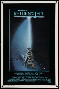 8k876 RETURN OF THE JEDI 1sh 1983 George Lucas, art of hands holding lightsaber by Tim Reamer!