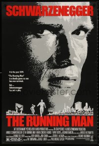 8k884 RUNNING MAN 1sh 1987 huge close up headshot of Arnold Schwarzenegger!