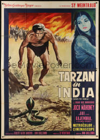 9f288 TARZAN GOES TO INDIA Italian 2p 1963 cool art of Jock Mahoney facing down a cobra, rare!