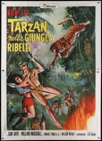 9f289 TARZAN'S JUNGLE REBELLION Italian 2p 1971 art of Ron Ely swinging on vine with woman!