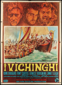 9f295 VIKINGS Italian 2p R1960s art of Kirk Douglas, Tony Curtis & Ernest Borgnine over longships!