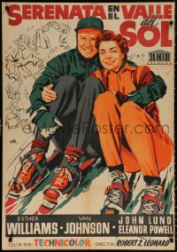 9p175 DUCHESS OF IDAHO Spanish 1956 art of sexy Esther Williams & Van Johnson skiing by Jano!