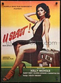 9p282 BON APPETIT Yugoslavian 19x26 1980 sexy Kelly Nichols in very revealing dress sitting on suitcase!