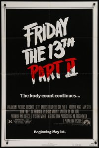 9w391 FRIDAY THE 13th PART II teaser 1sh 1981 slasher horror sequel, body count continues!