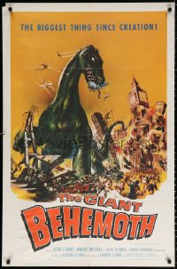 9w411 GIANT BEHEMOTH 1sh 1959 cool art of massive brontosaurus dinosaur monster smashing city!