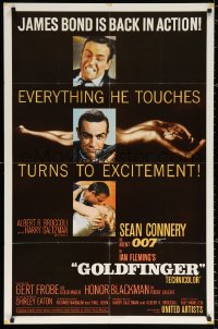 9w425 GOLDFINGER 1sh 1964 three great images of Sean Connery as James Bond 007 with glossy finish!