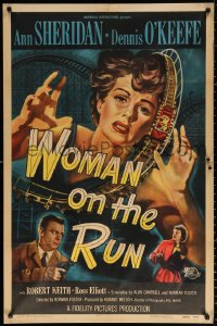 9w980 WOMAN ON THE RUN 1sh 1950 anguished Ann Sheridan & O'Keefe w/gun + rollercoaster, noir!