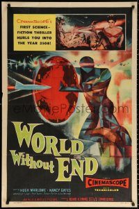 9w986 WORLD WITHOUT END 1sh 1956 CinemaScope's first sci-fi thriller, incredible Brown art!