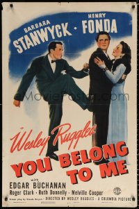 9w994 YOU BELONG TO ME style B 1sh 1941 Henry Fonda kicking Clark who's holding Barbara Stanwyck!