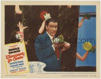 1a349 CHAMPAGNE FOR CAESAR LC #8 1950 c/u of Ronald Colman by wall of arms holding flowers!