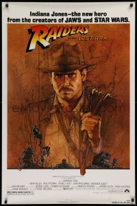 1c829 RAIDERS OF THE LOST ARK 1sh 1981 Richard Amsel art of Harrison Ford, Steven Spielberg!