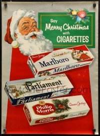 1c258 SAY MERRY CHRISTMAS WITH CIGARETTES 19x26 advertising poster 1950s art of Santa & cigs!