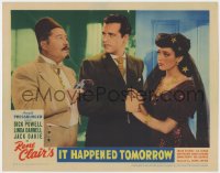 1k523 IT HAPPENED TOMORROW LC 1944 Dick Powell & Linda Darnell look at Jack Oakie w/gun, Rene Clair