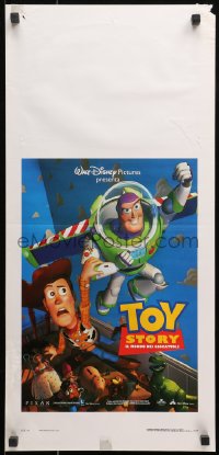 1p815 TOY STORY Italian locandina 1996 Disney/Pixar cartoon, Buzz Lightyear flying over Woody!