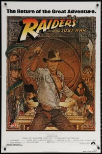 1r811 RAIDERS OF THE LOST ARK 1sh R1982 great Richard Amsel art of adventurer Harrison Ford!