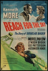 2j031 REACH FOR THE SKY English 1sh 1957 art of English pilot Kenneth More + RAF airplanes!