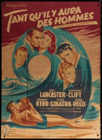 2k597 FROM HERE TO ETERNITY French 1p R1950s art of Burt Lancaster & Deborah Kerr on beach, rare!