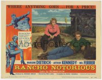 2m727 RANCHO NOTORIOUS LC #5 1952 Marlene Dietrich & Arthur Kennedy relaxing, Fritz Lang!