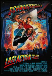 2y0786 LAST ACTION HERO 1sh 1993 cool Morgan art of Arnold Schwarzenegger crashing through screen!