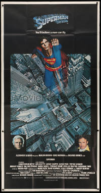 2z0483 SUPERMAN 3sh 1978 hero Christopher Reeve flying from Metropolis, Gene Hackman, Marlon Brando