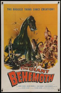 3a0915 GIANT BEHEMOTH 1sh 1959 cool art of massive brontosaurus dinosaur monster smashing city!