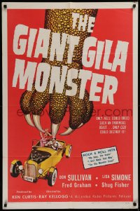 3a0916 GIANT GILA MONSTER 1sh 1959 classic art of giant monster hand grabbing teens in hot rod!