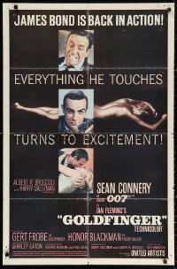 3a0920 GOLDFINGER 1sh 1964 three great images of Sean Connery as James Bond 007 with glossy finish!