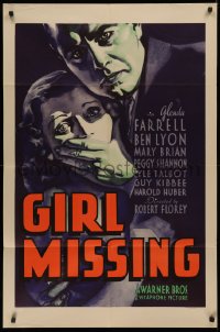 4d0284 GIRL MISSING 1sh 1933 art of Ben Lyon covering Glenda Farrell's mouth, pre-Code, ultra rare!