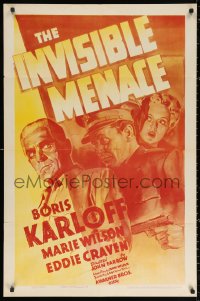 4d0290 INVISIBLE MENACE 1sh 1938 great art of spooky Boris Karloff, Marie Wilson & Craven, rare!