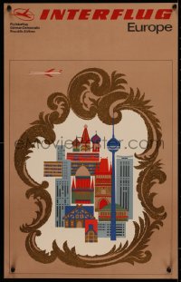 4d0445 INTERFLUG EUROPE 17x26 East German travel poster 1969 Bormann art of plane flying over city!