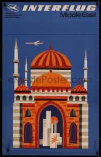 4d0446 INTERFLUG MIDDLE EAST 17x26 East German travel poster 1969 Bormann art of plane over city!