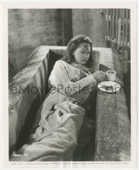 4w1294 HORROR OF DRACULA candid 8.25x10 still 1958 vampire Carol Marsh w/coffee & kruller in coffin!