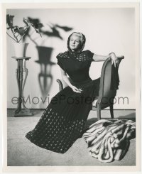 4w1380 LADY FROM SHANGHAI 8.25x10 still 1947 seated portait in cool hooded gown by fur coat!